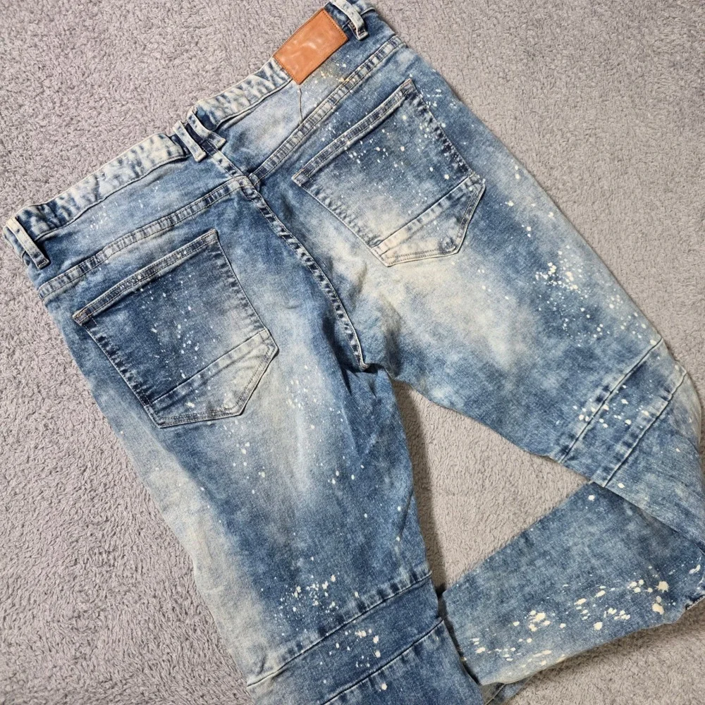 Smoke Rise Mens 38x32 Moto Jeans Blue Acid Wash Paint Splatter Distressed Biker